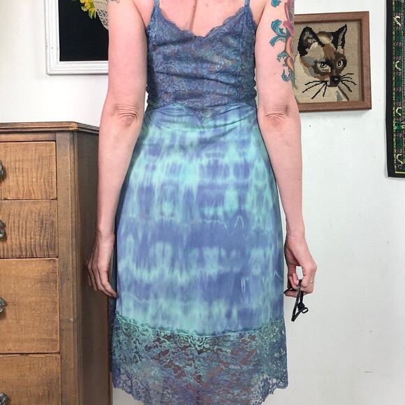Vintage Hand Dyed Slip Dress, 1960s Vanity Fair Green & Blue Galaxy Mist Sz XS - Picture 7 of 10